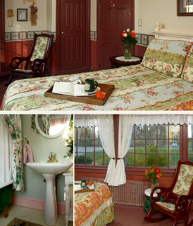 Bell Jefferson Room: red wardrobe, floral bed with breakfast tray, private sink, lace curtained window looking over the battlefield