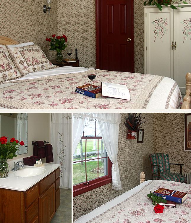 Cutler Room: floral bed with roses and books, twin basin bathroom, white wardrobe with a window over the battlefield monuments