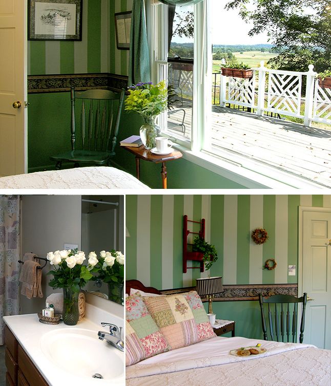 Devin Room: green striped walls, deck overlooking the battlefield meadow, white basin bathroom, patchwork bed with a green wooden chair