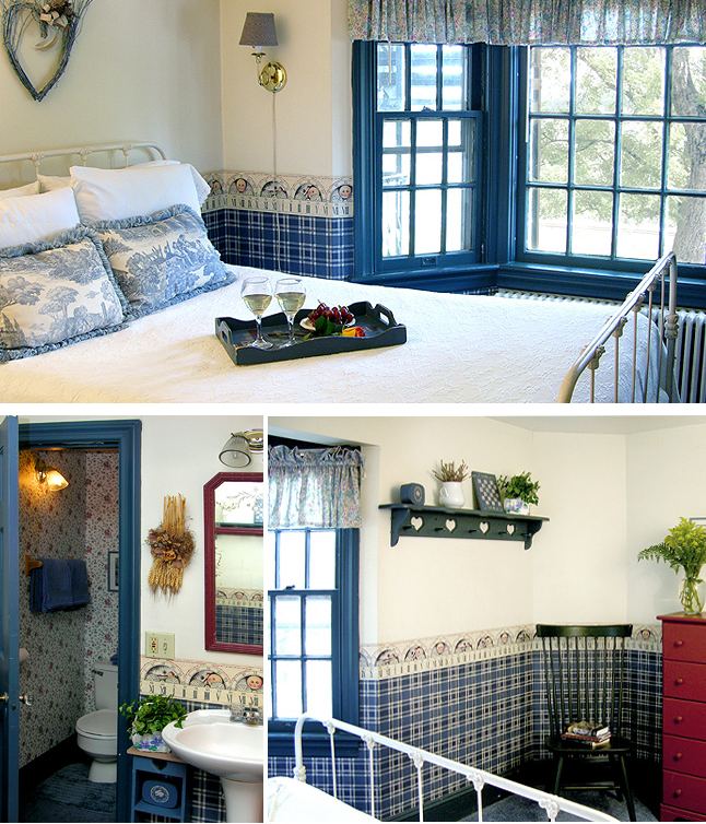 O'Neal Room: blue and white bed with a wine and fruit tray, blue bathroom, blue striped walls with a rocking chair