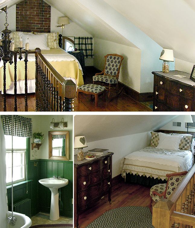 Paul Room: attic room under the eaves with two beds and a stair railing, green walled bathroom, vanity and second bed