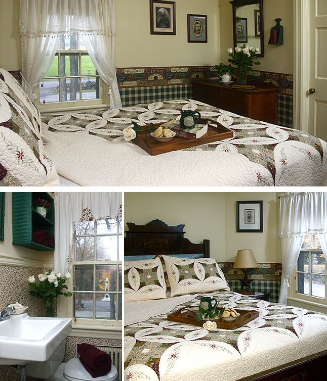 Ramseur Room: white patchwork bed with a breakfast tray, bathroom sink and commode, carved dark wood headboard with lamps