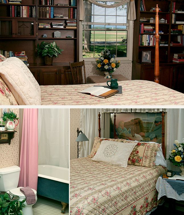Robert E. Lee Room: antique four poster king bed beside a bookshelf desk, bathroom with clawfoot tub, oil painting above the bed